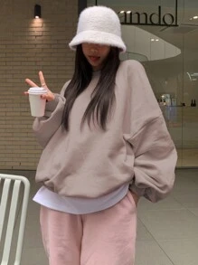 DAZY 秋冬女士宽松圆领纯色保暖内衬运动衫 - 卡其色 - 查看 4