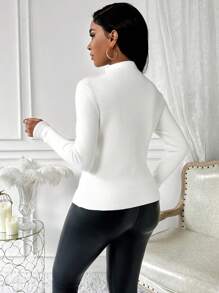SHEIN Clasi Solid Color Long Sleeve Mock Neck Hollow Out Front Fleece Sweater, Casual Wear