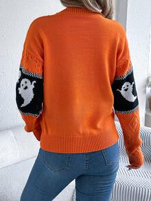 Autumn/Winter Ghost Patchwork Knit Long Sleeve Sweater - Orange - View 2