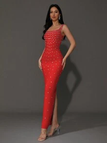 Modphy 新款女式红色奢华钻石无袖性感方领紧身长款正式婚礼派对礼服 - 紅色 - 查看 6