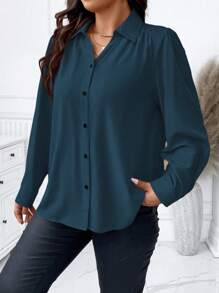 Elenzga Plus Size Solid Color Lapel Front Button Long Sleeve Casual Fall Blouse - Teal Blue - View 4