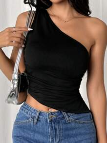 SHEIN EZwear Women's Solid Color Asymmetrical Shoulder Sleeveless Hollow-Out Casual Top With Back Tie
