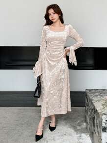 DAZY 女士优雅纯色褶皱喇叭袖保暖中长连衣裙，秋季舞会礼服，新年晚会礼服 - 杏色 - 查看 5