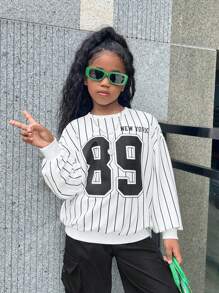 Tween Girls Fashionable Street Style Knitted Striped Crew Neck Pullover Sweatshirt,In Fall/Winter - White - View 7