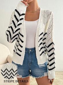 SHEIN LUNE Women's Spring/Autumn Casual Colorblock Striped Hollow-Out Knitted Cardigan - White - View 1