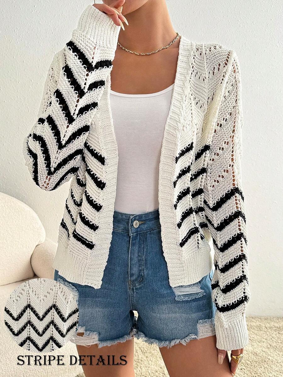 SHEIN LUNE Women's Spring/Autumn Casual Colorblock Striped Hollow-Out Knitted Cardigan - White - View 1