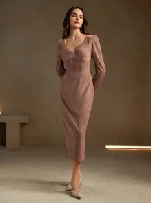 Anewsta Đầm thanh lịch hở lưng, tay dài, cổ vuông, thắt eo - màu nâu - Xem 4