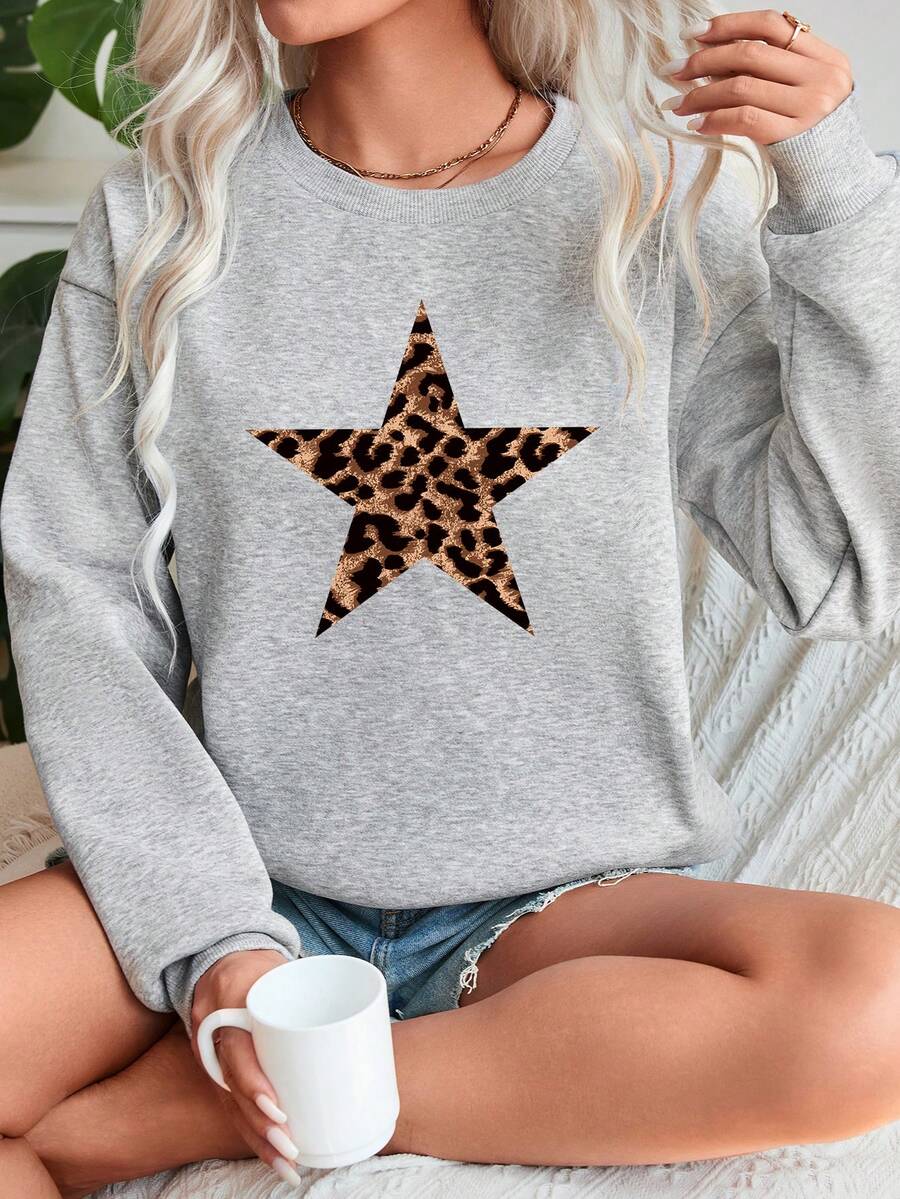SHEIN LUNE Casual Leopard Print & Star Pattern Round Neck Loose Fit Long Sleeve Sweatshirt For Women, Autumn/Winter - Light Grey - View 1