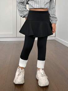 SHEIN Young Girl's & Young Girl's Lined Leggings Skirt, Girls' Casual Autumn Wear With Warmth - Black - View 3