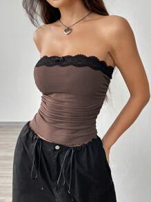 SHEIN EZwear Summer Going Out Contrast Pink Lace Trim Ruched Side Bow Front Tube Top