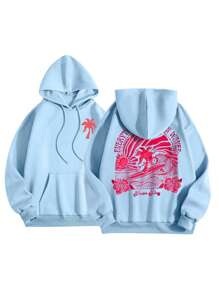 INAWLY 加大码热带印花抽绳卫衣 - 藍色 - 查看 3