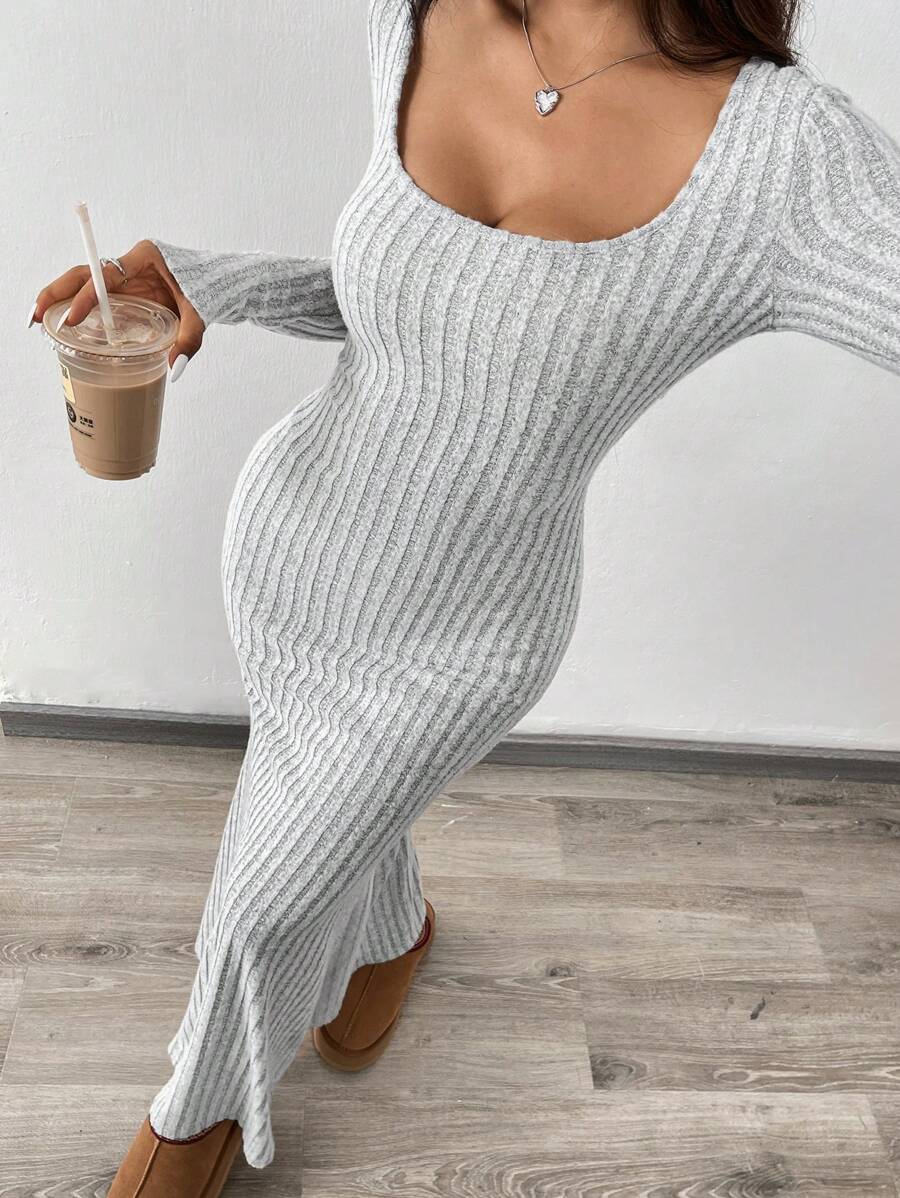 SHEIN EZwear 1 pieza Vestido largo de punto gris para mujeres - Gris - Ver 1