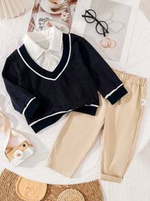 SHEIN 男婴仿针织衬衫领毛衣和上衣套装，秋冬 - 彩色 - 查看 7