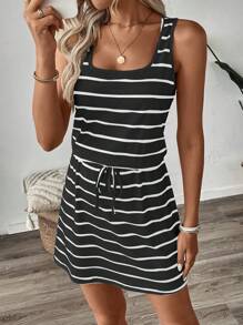 Easowa Spring & Autumn Women Casual Stripe Print U-Neck Sleeveless Drawstring Waist Fashion Vacation Dress,Vacation Outfits Woman,Summer Dresses For Women