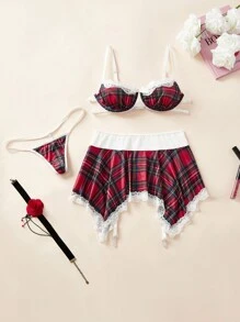 3pcs Women's Plaid & Lace Trim Lingerie Set: Waist Skirt, Brassiere, Thong Panty Bridallingerie - Red - View 5