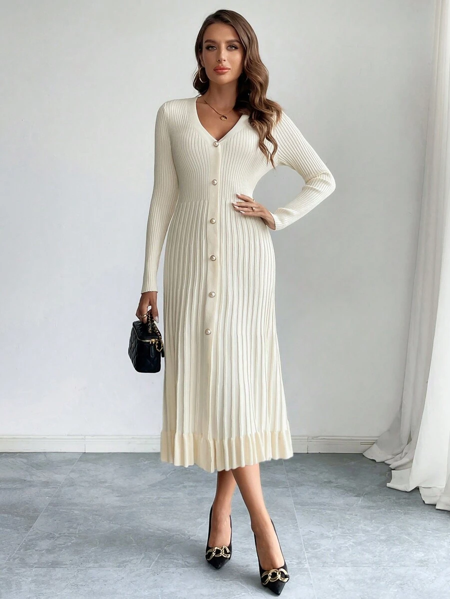 Firerie 女士深 V 领长袖纽扣合身褶皱优雅连衣裙 - 杏色 - 查看 1