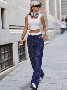 RueChic Women Navy Blue Striped Sweatpants With Boxer Belt Detail - Navy Blue - View 3