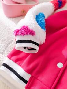 SHEIN Young Girl Flower Printed Fluffy Patchwork Baseball Jacket - Pink - View 3