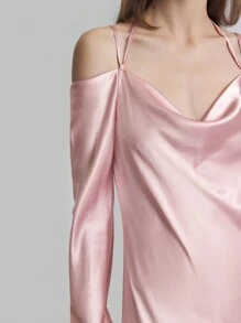 Ontre Elegant Fitted Off Shoulder Bell Sleeve Fish Tail Silk Party Dress, Pink Pastel Dress