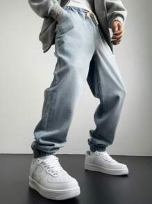 Manfinity Hypemode Pantalones vaqueros holgados tipo harem de color liso con cordón en la cintura para hombre, pantalones rectos largos desgastados de carga de color azul claro, regalos para esposo o novio - Azul - Ver 3