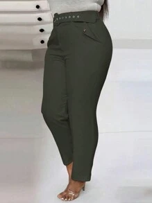 Celure Plus Size Women Solid Color Elastic Waist Casual Pants With Snap-Fastening Flap Pockets And Toothpick Stripes Design