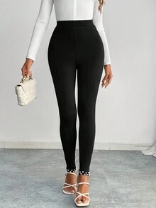 SHEIN Privé Quần dài thường ngày chắp vá đơn giản màu trơn cho nữ - màu đen - Xem 5