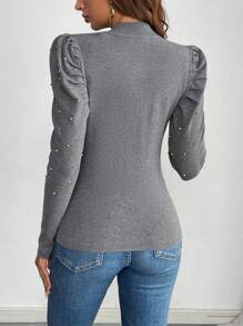 SHEIN Privé Maglione casual basic con collo a ciurlo, maniche a palloncino e borchie, indossabile tutti i giorni dalle donne - Grigio - Visualizzare 2