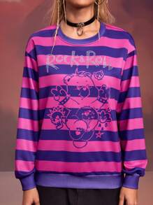 SHEIN X Care Bears Designer Women's Street Style Loose Long Sleeve Drop-Shoulder Stripe Pattern Rhinestone Printed Sweatshirt Casual Daily Wear Fall Top, Holiday, Thanksgiving, Winter, Spring, Going Out, Festival