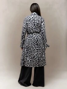 MISSGUIDED Leopard Print Lapel Collar Denim Long Jacket With Belt Winter Wear - Multicolor - View 2