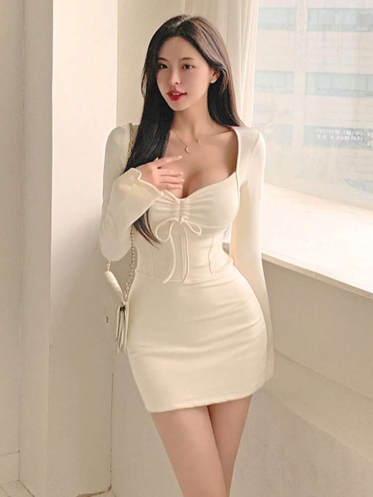 Women's Long Sleeve Square Neck Thermal Lined Short Dress,Casual Women  Dresses,Fall DressDAZY