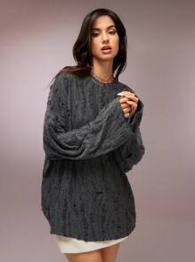 COSMINA Women's Crew Neck Long Sleeve Casual T-Shirt With Distressed Design, Loose And Comfortable - Dark Grey - View 6