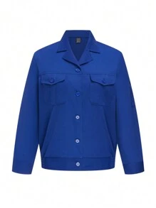 TaskEZ Women's Solid Color Notched Collar Long Sleeve Button Front Pocket Simplistic Blouse And Pants Workwear Set - Blue - View 7