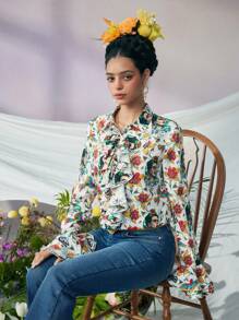 Frida Kahlo X SHEIN Women's Elegant Floral Print Ruffle Trim White Long Sleeve Top ,Fall Vintage Button Up Shirt - Multicolor - View 3