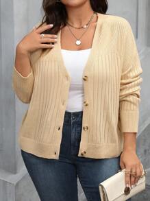 SHEIN LUNE Plus Size Women's Solid Casual Long Sleeve Cardigan Fall Cloth For Women - Khaki - View 4