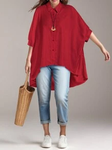 Women's Solid Front Button Batwing Sleeve Casual Loose Blouse