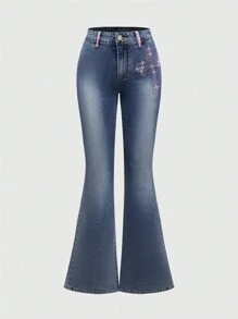 ROMWE Kawaii Quần Jeans Ống Loe Đính Pha Lê Cổ Điển Y2K Cạp Thấp Dành Cho Nữ - Màu xanh lam - Xem 1