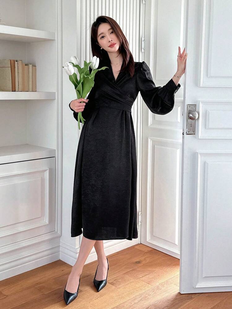 Women's Satin Collar Wrap-Style Puff Sleeve Midi Dress