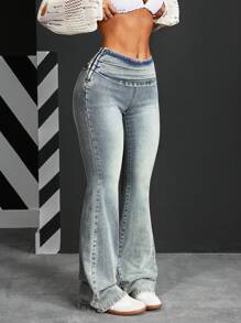 SHEIN PETITE Casual Washed Slim Flared Jeans - Blue - View 5