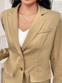 Modelyn Women's Solid Color Button Front Long Sleeve Fake Pocket Lapel Blazer Fall Cloth For Women - Khaki - View 5