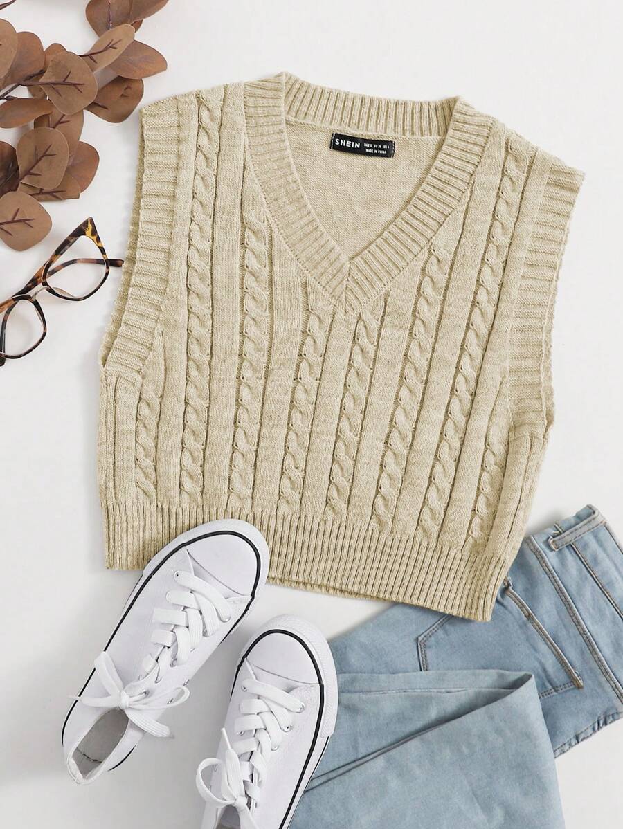 SHEIN Unity Top de punto minimalista, cómoda, de cuello en V sin mangas, casual para mujer - Albaricoque - Ver 1