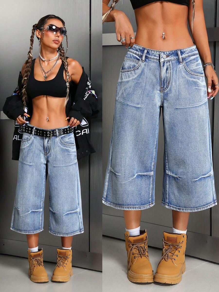 SHEIN ICON 女士口袋装饰阔腿宽松休闲卷边牛仔裤 - 中等水洗藍 - 查看 1
