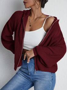 EURMUSE Xoắn Dan Thả vai Dây kéo áo có mũ Áo len Mở - Màu Đỏ Sâu - Xem 4