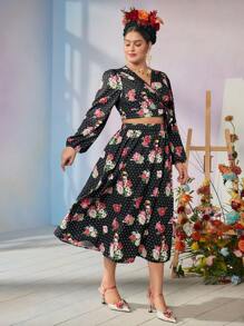 Frida Kahlo X SHEIN Plus Size Elegant Sexy Basic Black Floral & Figure Graphic Artistic Polka Dot Print Blouse & Split Midi Skirt 2-Piece Set, Autumn/Winter
