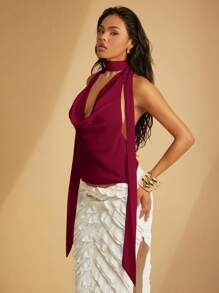 Hauture 夸张腰带围脖领雪纺上衣 - 酒紅色 - 查看 6