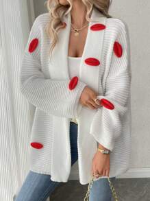 SHEIN Clasi Women's Loose Solid Color Long Sleeve Drop Shoulder Cardigan Sweater With 3D Big Red Lip Decoration, Suitable For Autumn/Winter - White - View 5