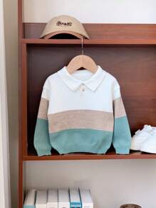 SHEIN 小男孩休闲撞色针织软领拉链长袖毛衣，适合秋冬季通勤、上学、居家、休闲、街头风格、派对和户外