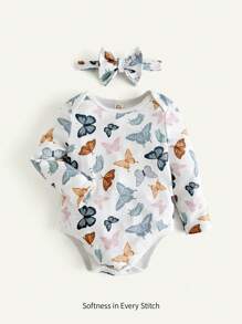 Cozy Pixies 2pcs Baby Girl Colorful Butterfly Pattern Knitted Soft Crew Neck Long Sleeve Bodysuit With Headband Set - White - View 1