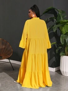 Slaydiva 大码女士度假休闲宽松飘逸 A 字形连衣裙 - 芥末黃 - 查看 2