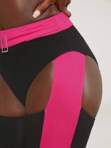 evoluSHEIN X Anitta Spagnelli Designer Color-Blocked Hollow Out Buckle Leggings, Holiday, Thanksgiving, Festival - Black - View 5