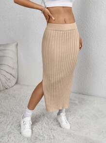 SHEIN Unity Women Solid Color Side Slit Hem Casual Knitted Skirt, Autumn-Winter - Beige - View 7